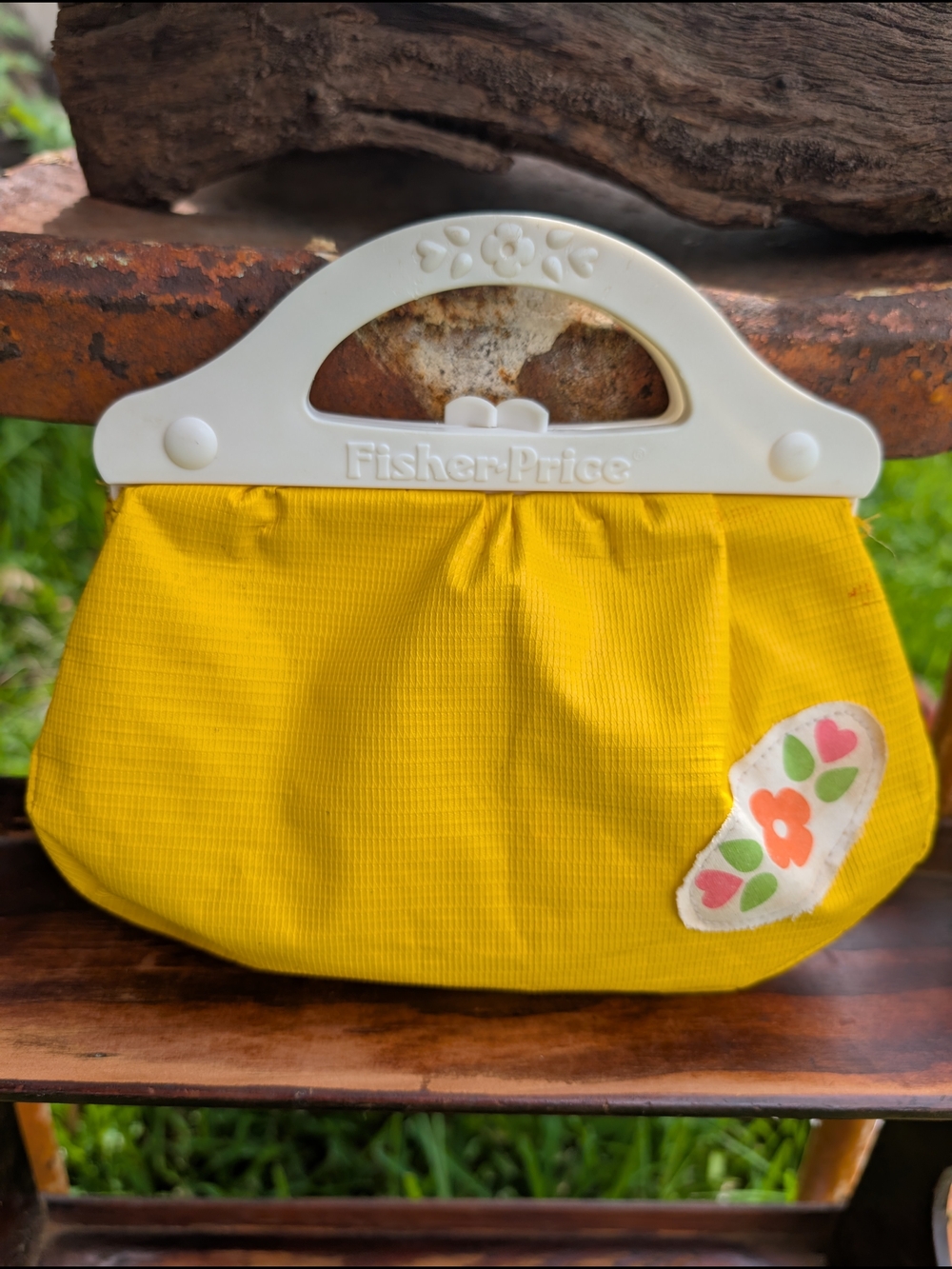 Vintage Fisher-Price My Pretty Purse Yellow W Floral Fabric Patch Kiss Clasp GVC